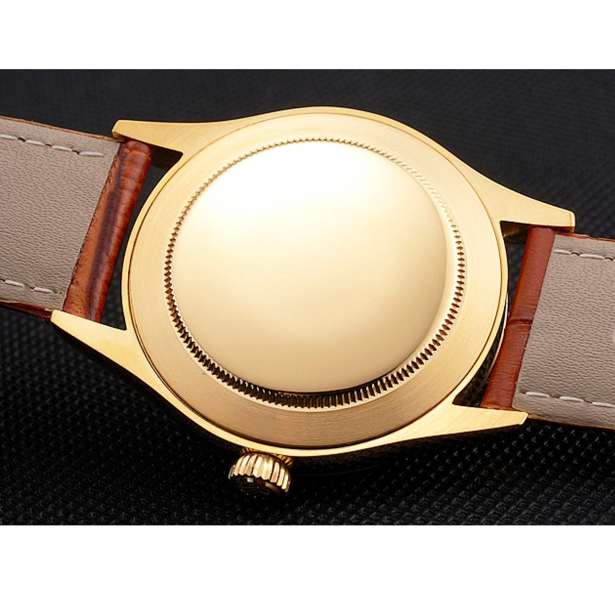 Aaa replica watch Gold Swiss Case Light Gold Leather Datejust Rolex Brown Dial Strap 0818